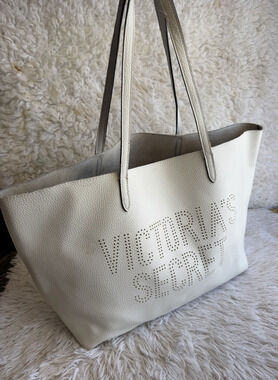 Women Victoria's Secret White Faux Leather Vegan Tote Bag Large Shopper Handbag